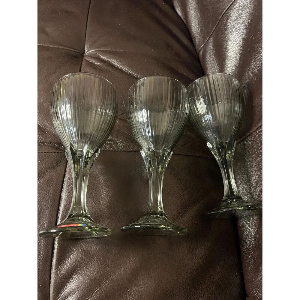 Fostotia MONET GRAY Wine Goblets or Cocktail 3 Ribbed Heavy VTG glasses